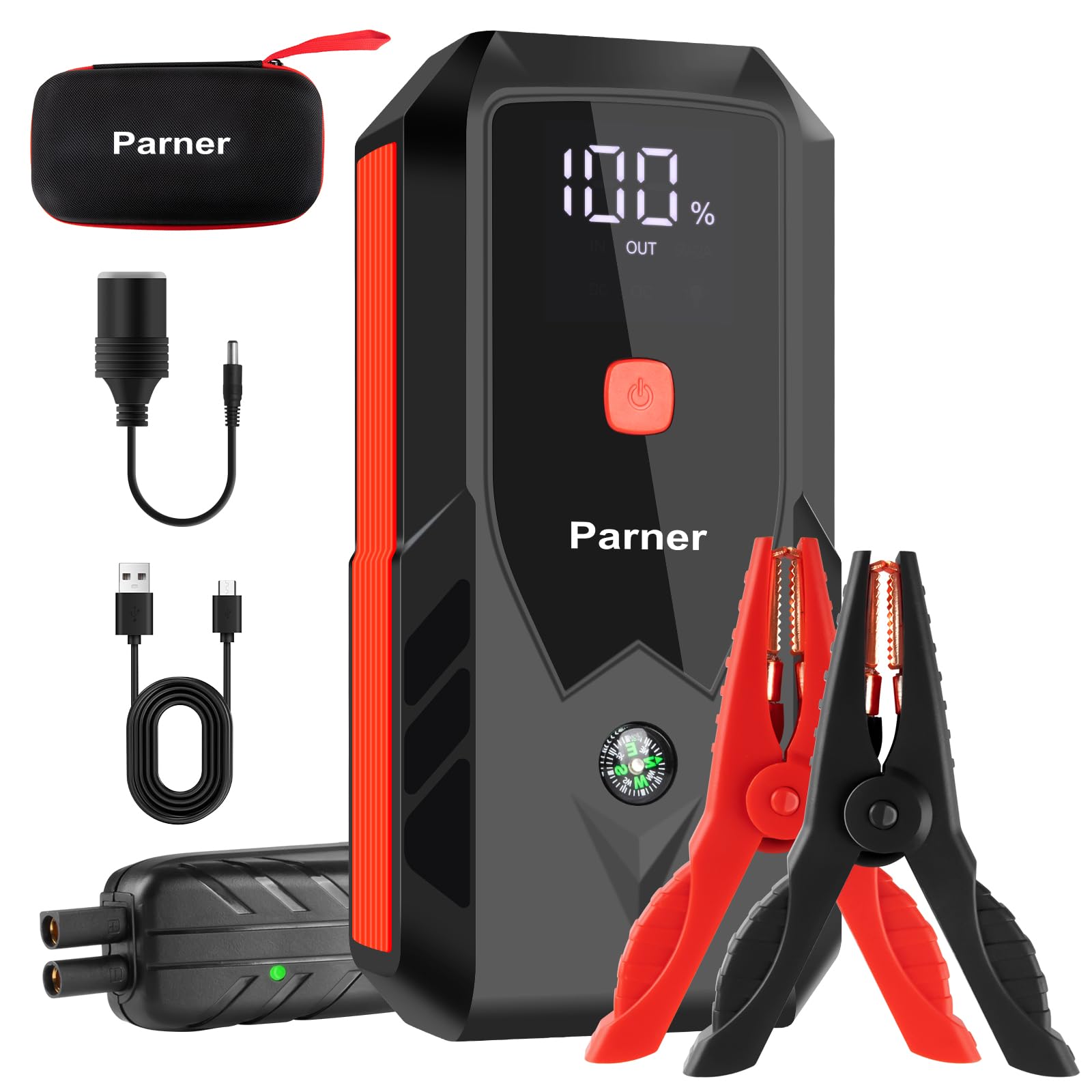 Parner 3000A Starthilfe Powerbank, 12V Auto Starthilfe, Tragbarer Batterie Booster Starter mit USB-Schnellladung, Geeignet für Benzin- und Dieselmotoren bis 8L, Mit LED-Licht und LCD-Display von Parner