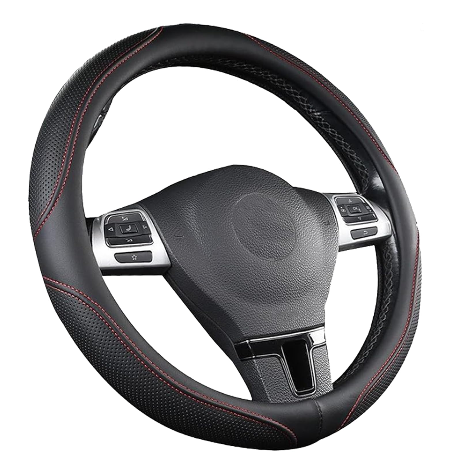 Mikrofaser Leder Lenkradabdeckung, Auto Lenkradbezug 38cm,aus hochwertigem Neopren Leder Mit Roter Naht, Rutschfester Lenkradbezug Leder, Ideal Für PKW Und SUV (Schwarz/Rot) von Pcone Kon