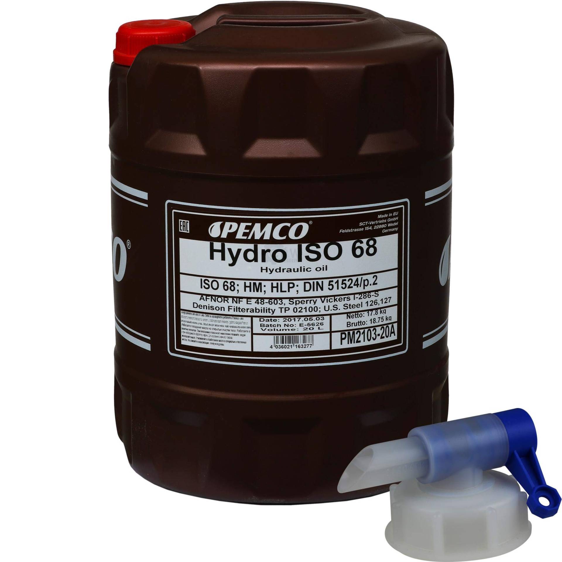 20 Liter Original PEMCO Hydrauliköl ISO 68 Hydro HLP 68 Oil inkl. Auslaufhahn von Pemco