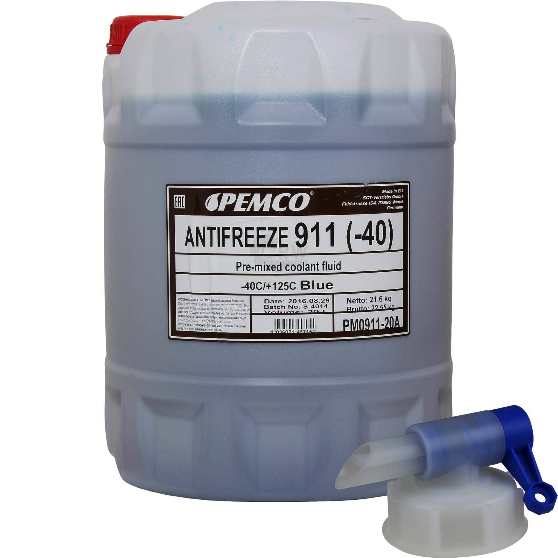 20 Liter PEMCO Antifreeze 911 Kühlerfrostschutz blau Fertiggemisch + Auslaufhahn Typ G11 von Pemco