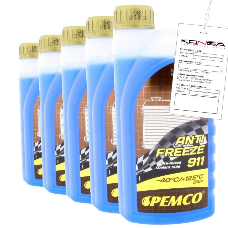 5x 1 Liter PEMCO ANTIFREEZE 911-40C Kühlerfrostschutz für G11, VW, Audi, Skoda von Pemco