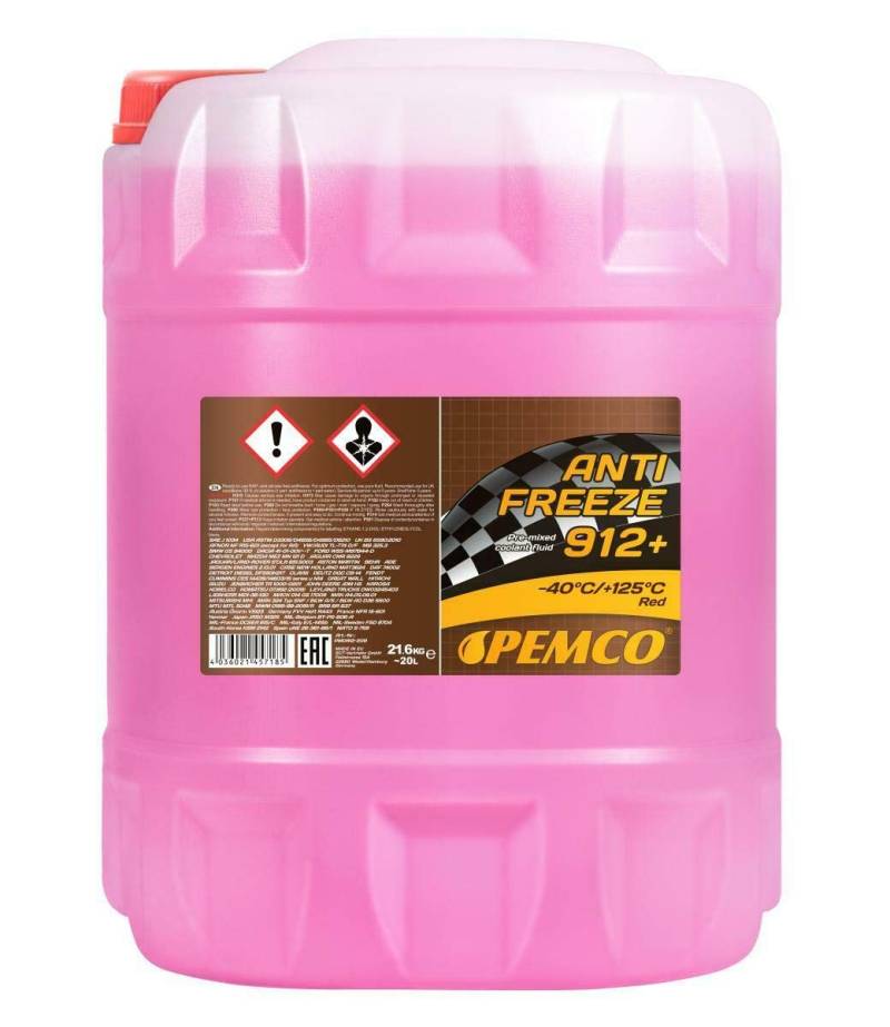 Pemco 1 x 20L Antifreeze 912+ (-40) / Kühlerwasser Fertiggemisch Rosa G12+ Kühlerfrostschutz von Pemco