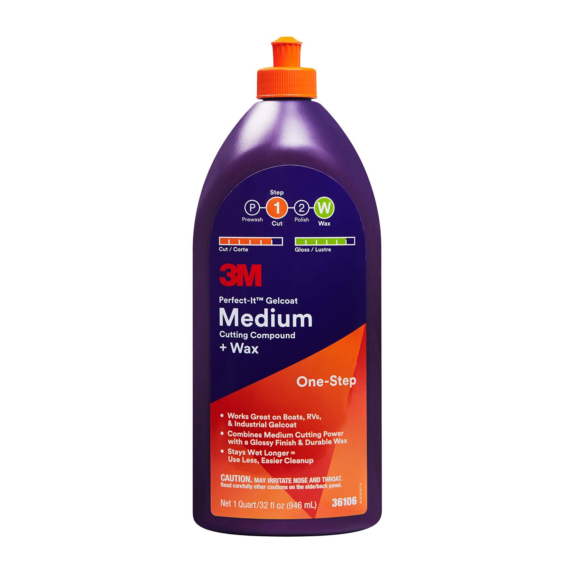 3M Perfect-It Gelcoat Medium Cutting Compound + Wachs, 36106, 1 Quart, One-Step Prozess, P1500 und feinere Kratzer, Fiberglas Oxidationsentferner für Boote und Wohnmobile von 3M