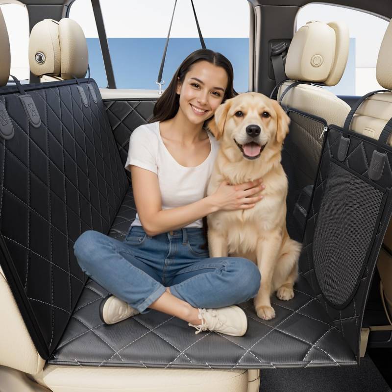 Petcozife Hundedecke Auto Rückbank mit Harter Unterseite| 8-Schicht wasserdichte Kratzfeste Anti-Rutsch Autoschutzdecke Hund Rücksitz | 6-in-1 Klappbare XXL Hundematte mit 2 Sicherheitsgurt von Petcozife