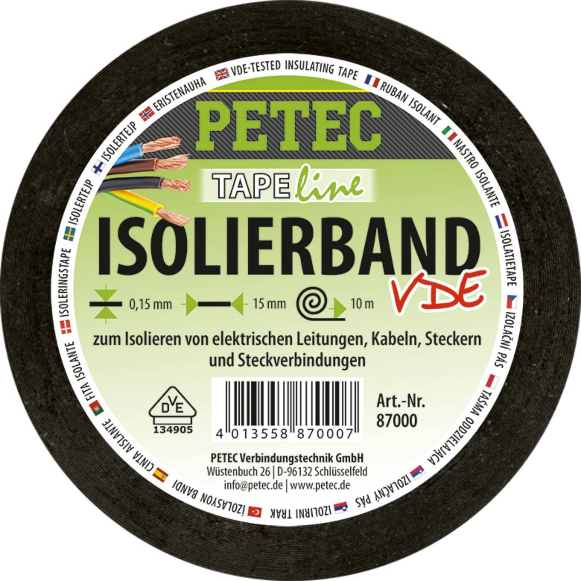 PETEC Isolierband 10mx15mmx0,15mm Rolle VDE geprüft Elektro-Isolierband schwarz, Selbstklebendes Iso Tape von PETEC