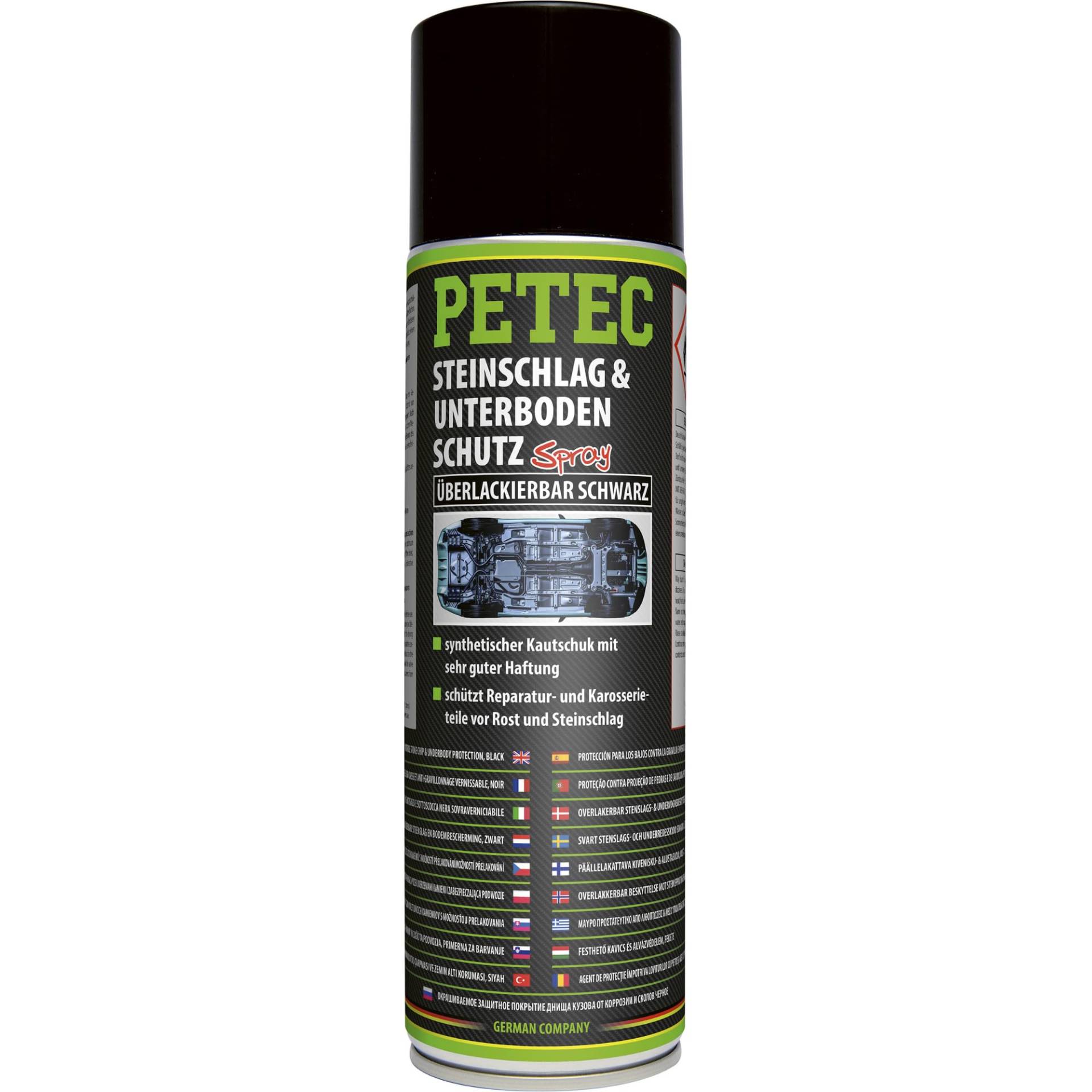 PETEC Unterbodenschutz Spray Steinschlagschutz überlackierbar. 500 ml Rostschutz in schwarz aus Kautschuk für Auto und Wohnwagen Unterboden 73250 von PETEC