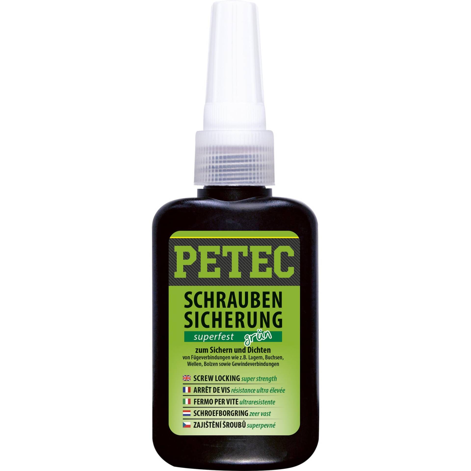 PETEC Schraubensicherung 50g. Schrauben Kleber zum Sichern und Dichten. Starker Klebstoff Schraubenkleber für Muttern, Bolzen und Gewindegrößen bis M36 (grün) von PETEC