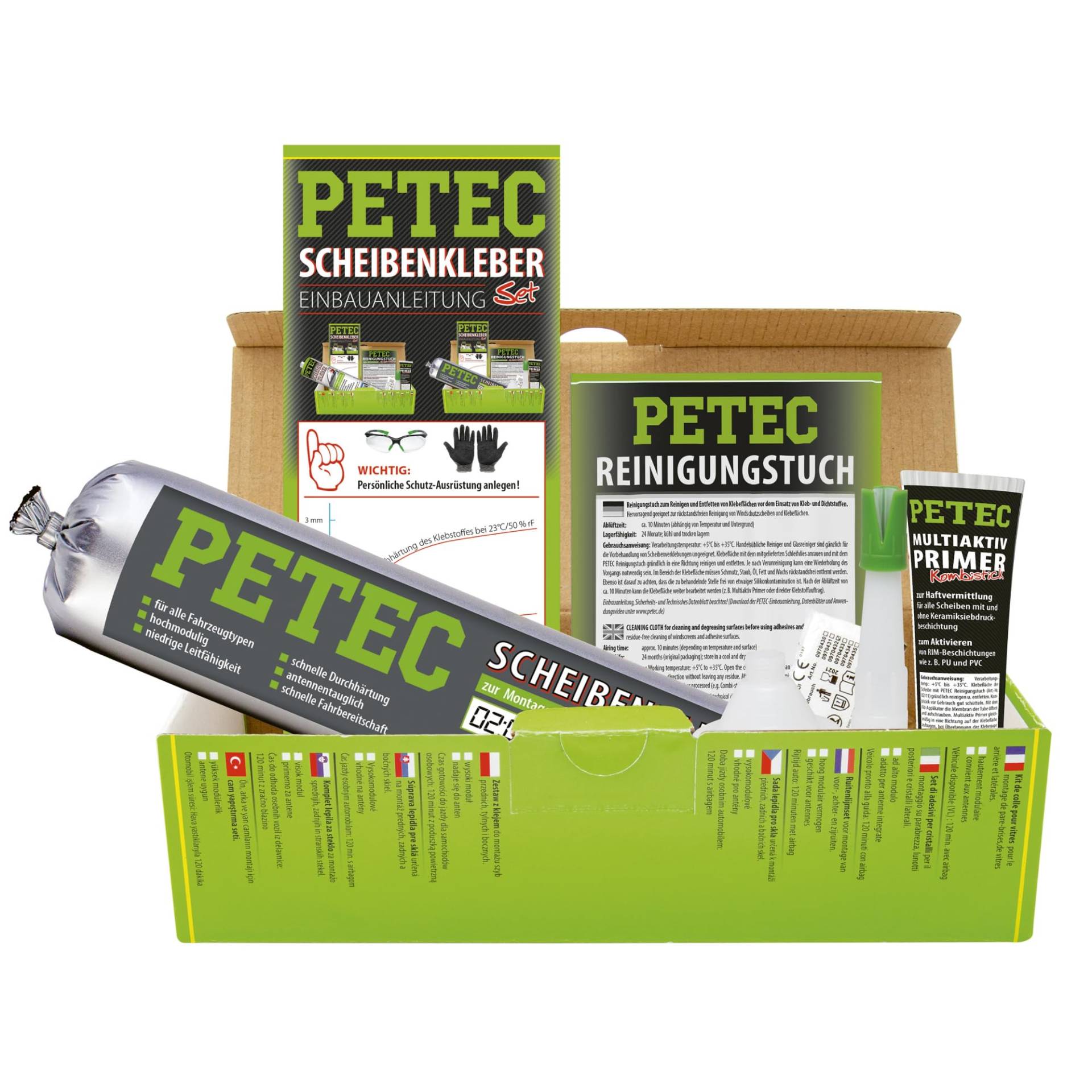 PETEC Auto Scheibenkleber Set Windschutzscheibe Reparaturset. 400 ml Scheiben Kleber Schlauchbeutel, Primer, Reinigungstuch, Einweg Handschuhe, 83433 von PETEC
