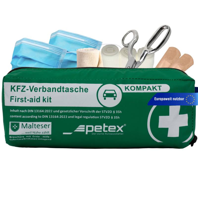 Petex Verbandtache KFZ-Verbandtasche, grün, kompakt, aktuelle Norm 2022, Inhalt nach DIN 13164:2022 von PETEX
