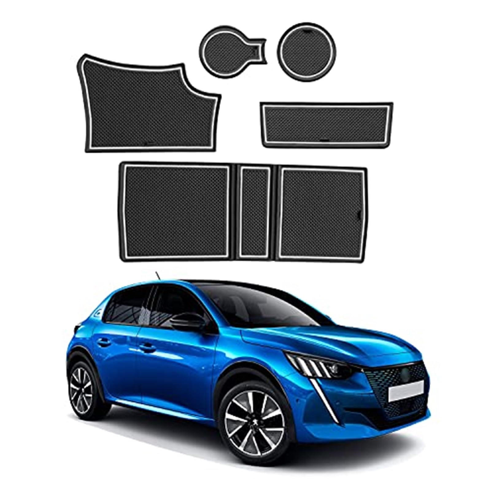Pexorin For Peugeot, 208 e-208 Auto rutschfeste Gummimatten (für Rechtslenker), Autotürschlitzmatte, Getränkehaltermatte, Armlehne, Mittelkonsolen, Innendekoration, 6-tlg Anti-Rutsch-Matten-Set für da von Pexorin