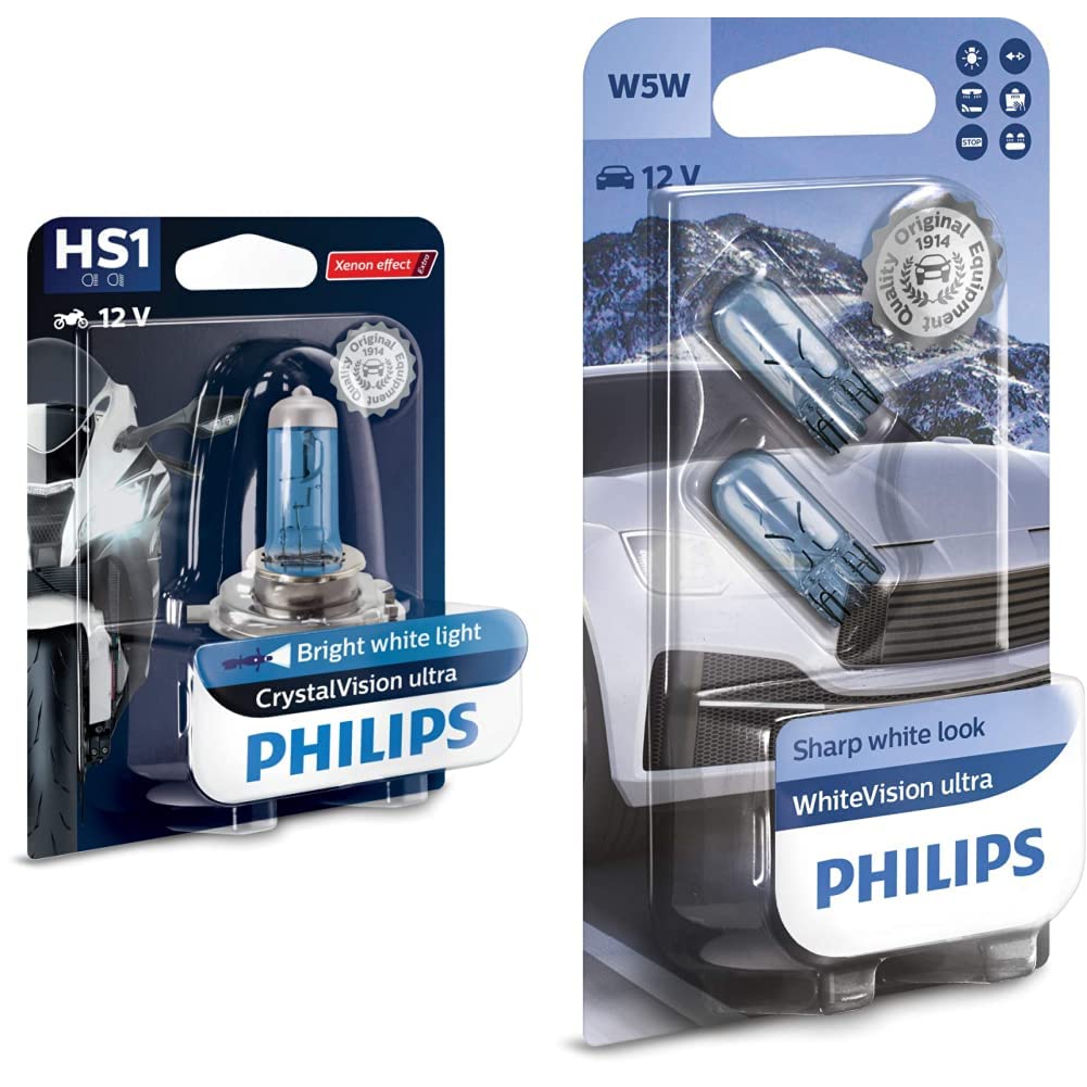 Philips 12636BVBW CrystalVision ultra Moto HS1 Motorrad-Scheinwerferlampe, 1 Stück & Philips, Halogen WhiteVision ultra W5W Signallampe, Doppelblister, 35484330, Double blister, Autos, Blau von Philips automotive lighting