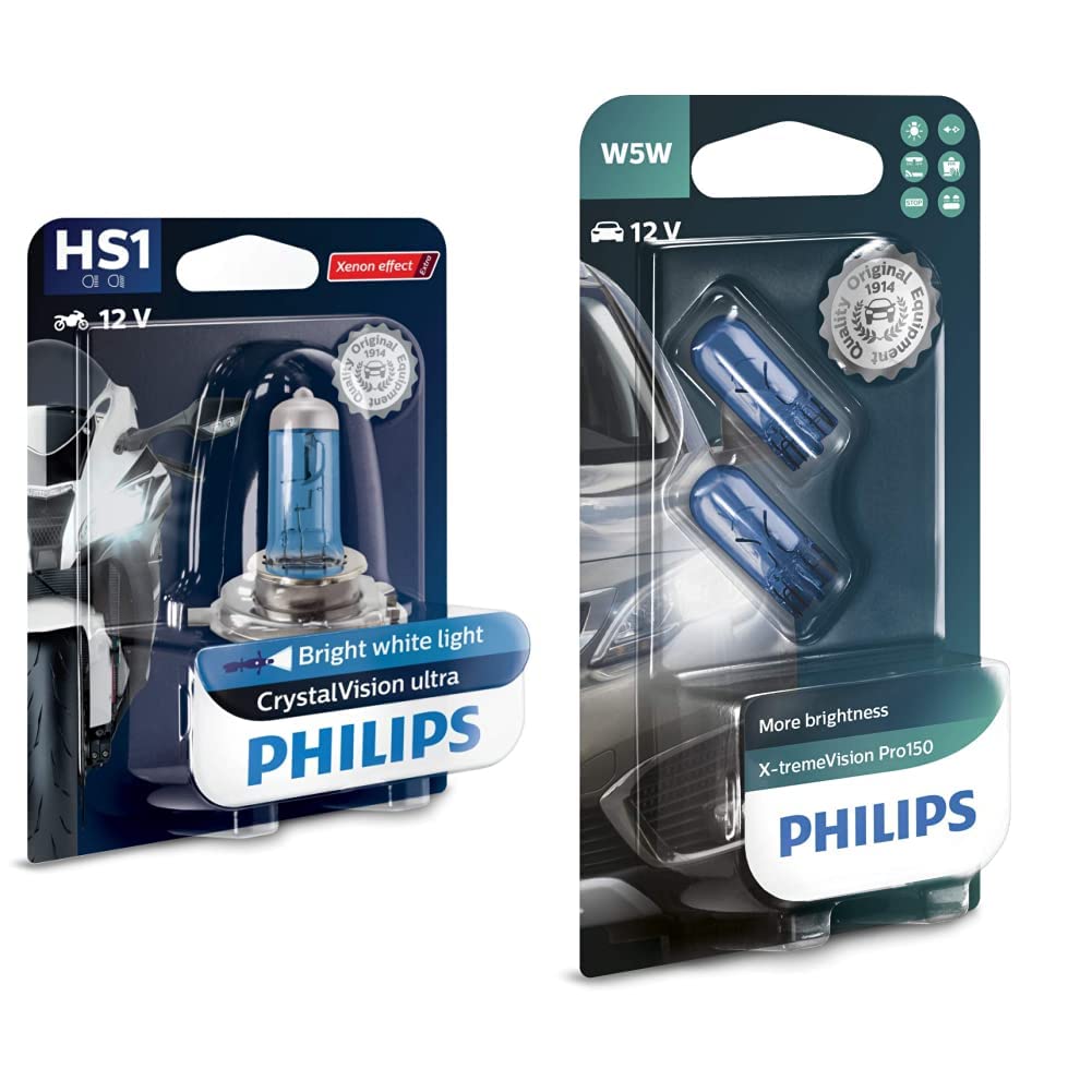 Philips 12636BVBW CrystalVision ultra Moto HS1 Motorrad-Scheinwerferlampe, 1 Stück & Philips Halogen automotive lighting X-tremeVision Pro150 W5W Signallampe, Doppelblister, 563230, Double blister von Philips automotive lighting