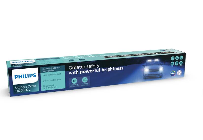 Philips Ultinon Drive 5002L LED-Zusatzscheinwerfer für Fernlichtfunktion, 20'' Single-Row LED-Lightbar, 12V/24V, 2.900 Lumen, bis zu +427 m Lichtstrahllänge, Straßenzulassung von Philips