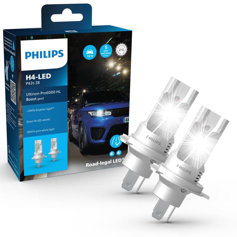 Philips Ultinon Pro6000 Boost gen2 Direct-fit H4-LED Scheinwerferlampe mit Straßenzulassung*, +300% helleres Licht** von Philips