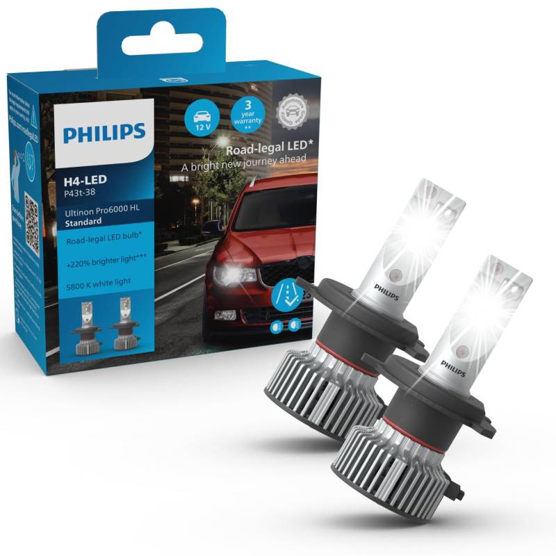 Philips Ultinon Pro6000 Standard H4-LED Scheinwerferlampe mit Straßenzulassung*, +220% helleres Licht** von Philips