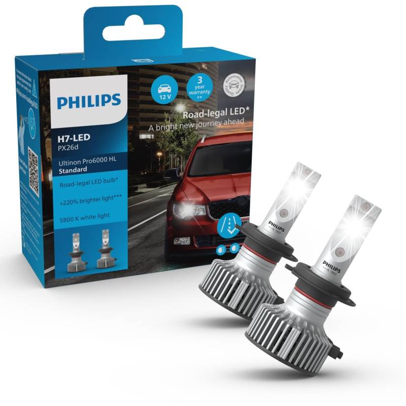 Philips Ultinon Pro6000 Standard H7-LED Scheinwerferlampe mit Straßenzulassung*, +220% helleres Licht** von Philips