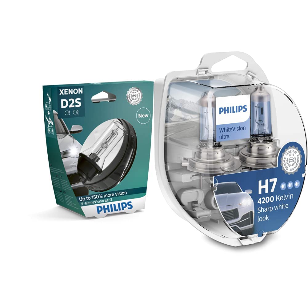 Philips 85122XV2S1 Xenon-Scheinwerferlampe X-tremeVision D2S Gen2, Einzelblister & WhiteVision ultra H7 Scheinwerferlampe, 4.200K, Doppelset von Philips