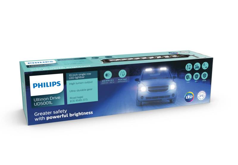 Philips Ultinon Drive 5001L LED-Zusatzscheinwerfer für Fernlichtfunktion, 10'' Single-Row LED-Lightbar, 12V/24V, 2.500 Lumen, bis zu +387 m Lichtstrahllänge, Straßenzulassung von Philips