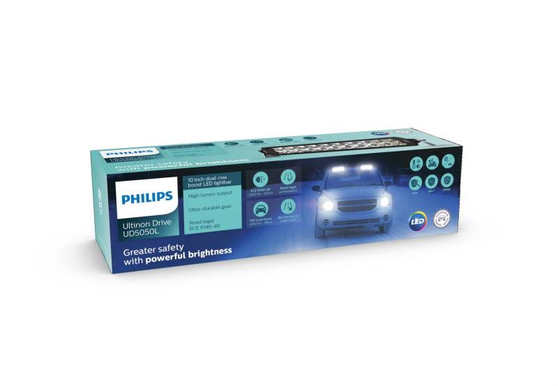 Philips Ultinon Drive 5050L LED-Zusatzscheinwerfer für Fernlichtfunktion, 10'' Double-Row Boost LED-Lightbar, 12V/24V, 3.300 Lumen + Offroad-Boost, bis zu +448 m Lichtstrahllänge, Straßenzulassung von Philips