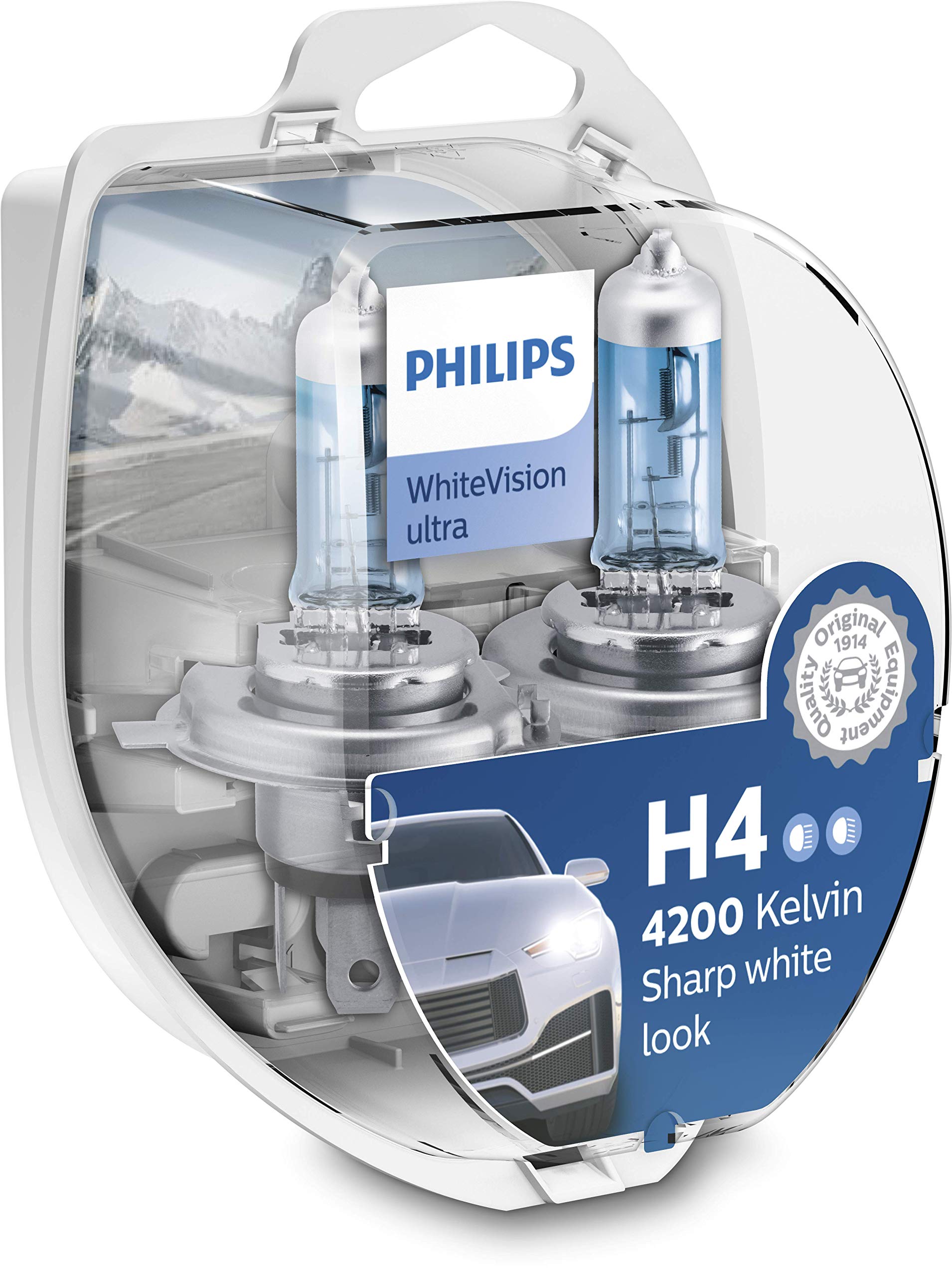 Philips WhiteVision ultra H4 Scheinwerferlampe, 4.200K, Doppelset Weiß Halogen von Philips automotive lighting