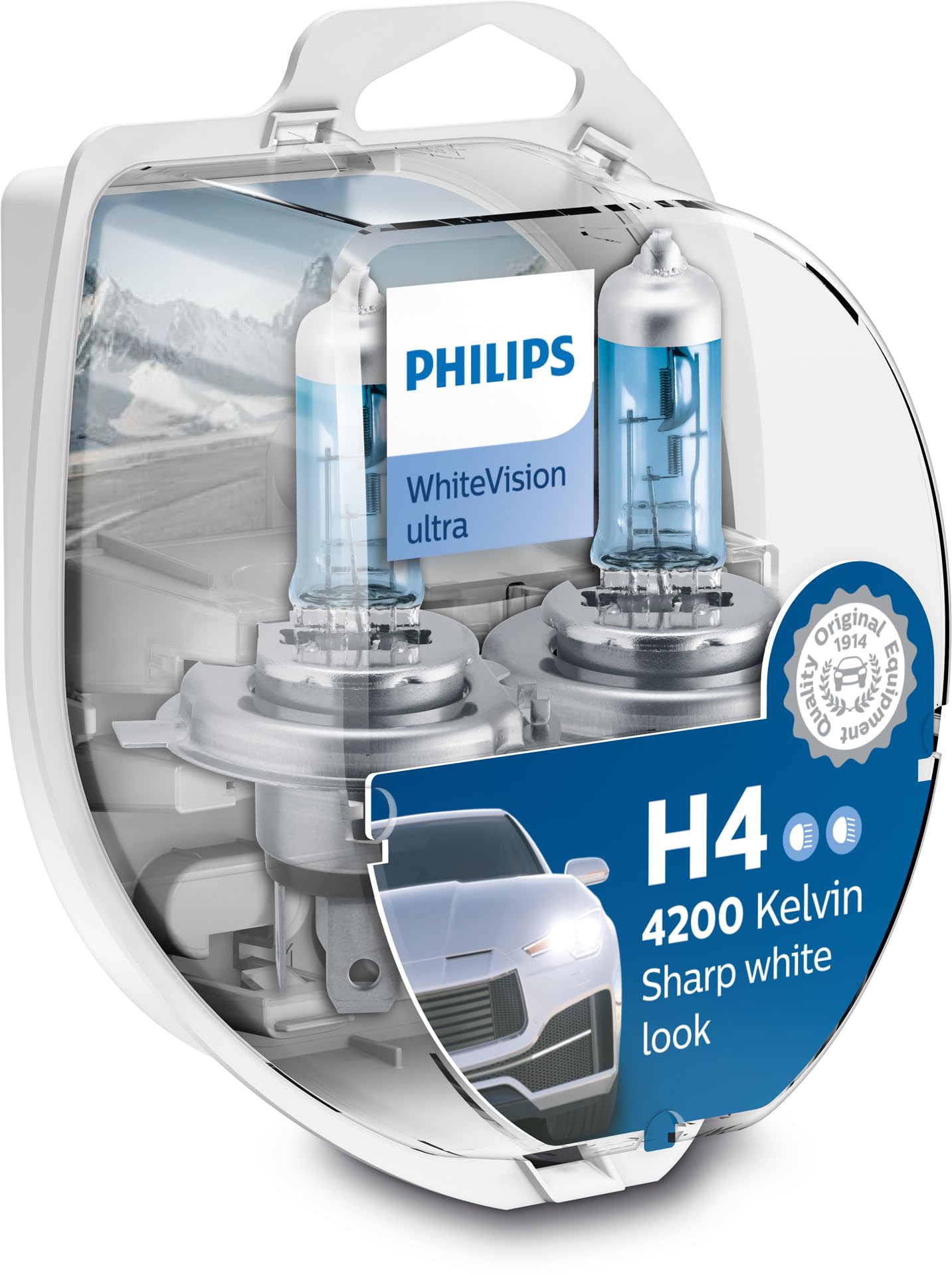 Philips WhiteVision ultra H4 Scheinwerferlampe, 4.200K, Doppelset Weiß Halogen von Philips automotive lighting