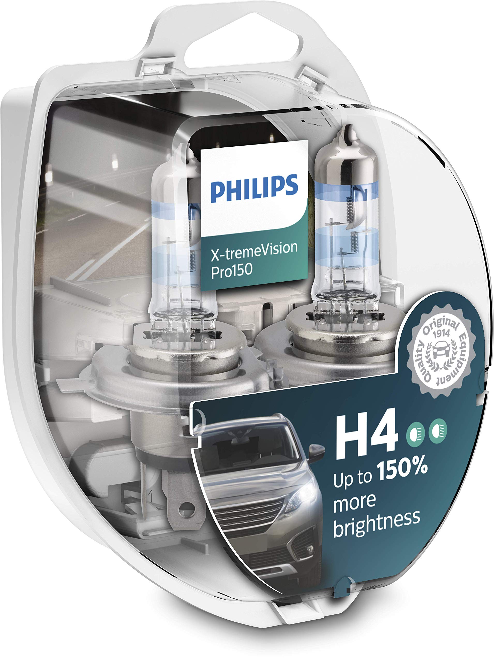 Philips Halogen, X-tremeVision Pro150 H4 Scheinwerferlampe +150%, Doppelset, 567028, Twin box, Weiß von Philips automotive lighting