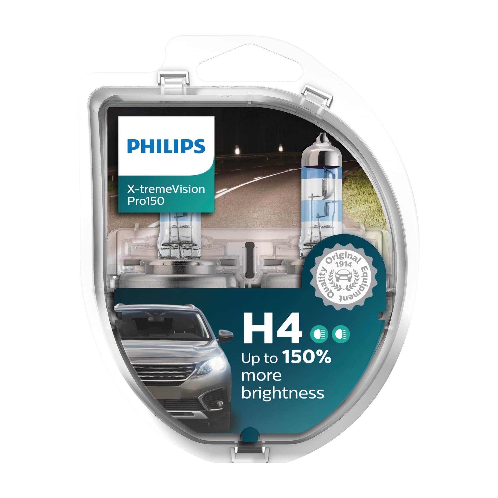 Philips Halogen, X-tremeVision Pro150 H4 Scheinwerferlampe +150%, Doppelset, 567028, Twin box, Weiß von Philips automotive lighting