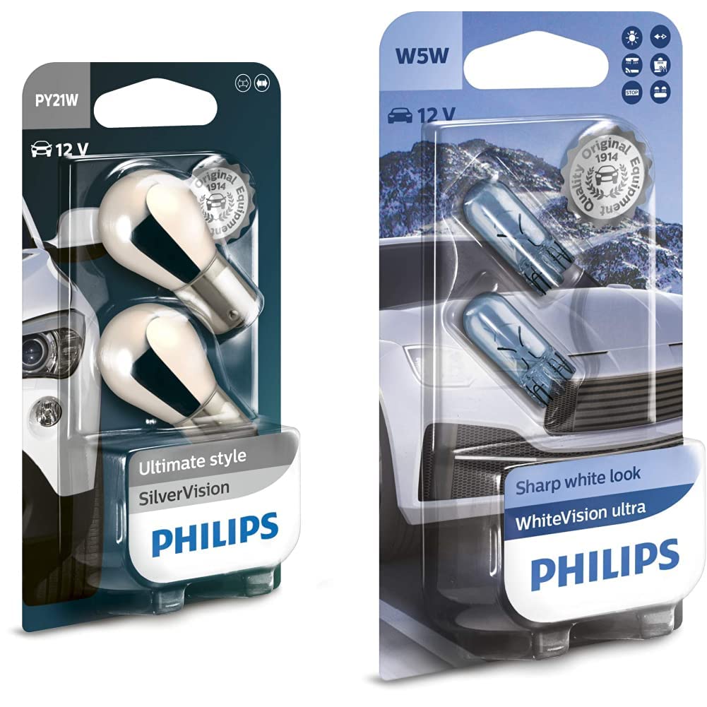 Philips automotive lighting 12496SVB2 Kugellampe PY21W SilverVision & WhiteVision ultra W5W Signallampe, Doppelblister, 35484330, Double blister von Philips