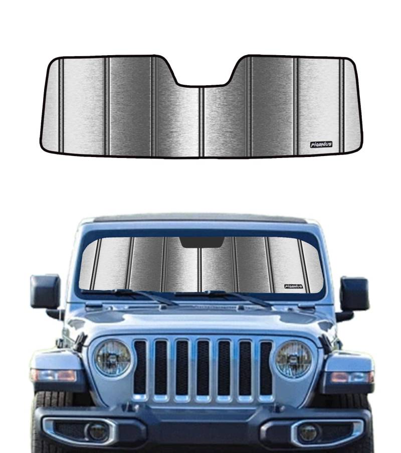 Pigenius Windschutzscheiben-Sonnenschutz für Jeep Wrangler 2011–2017, 2018 Jeep Wrangler JK, ultimativer faltbarer Sonnenschutz, metallisches Silber von Pigenius