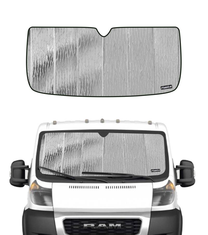 Pigenius Windschutzscheiben-Sonnenschutz für Ram Promaster 2014–2024, Frontscheiben-Sonnenschutz, 2-in-1 reflektierender Sonnenschutz, Silber für den Sommer, Schwarz für den Winter von Pigenius