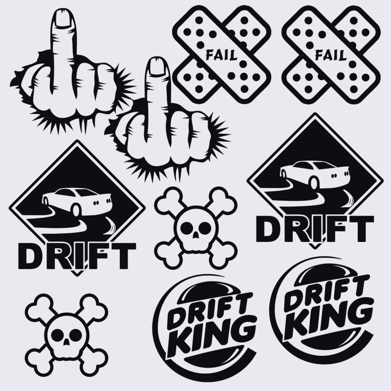 Pimastickerslab Kit 10 Aufkleber JDM Lustige Drift Totenkopf Milf Burning Helm Motorrad Auto Tank Koffer Chopper Harley Artikel 1736 (070 Schwarz) von Pimastickerslab