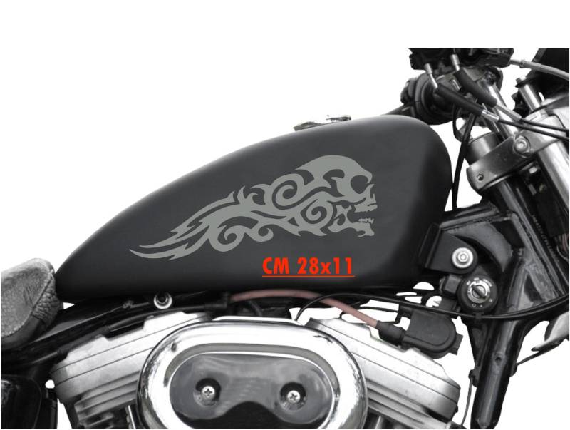 Set mit 2 Aufklebern für Motorrad-Tank, Totenkopf, Flamme, Chopper Harley Vintage, Code 1663 (074 mittelgrau, matt (matt_opaque_)) von Pimastickerslab