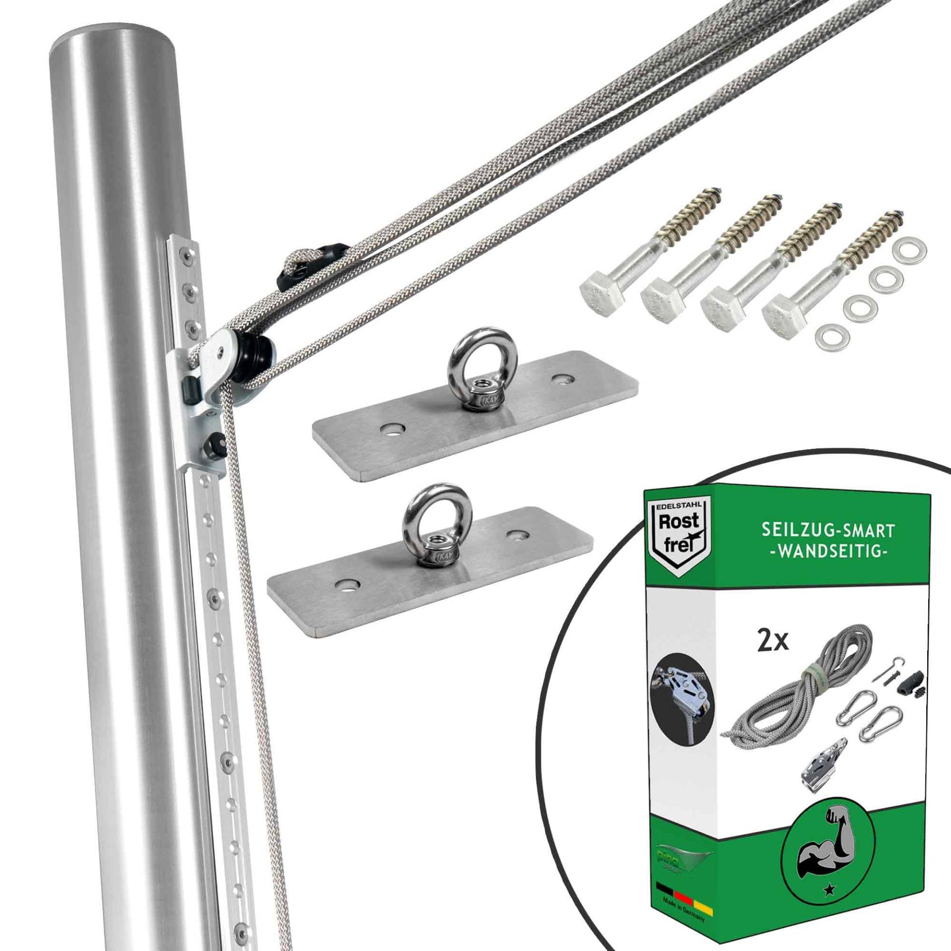 Pina DESIGN seit 1979 - Befestigungs-Set für dreieckige Sonnensegel | 2 Wandhalter & 1 Mast höhenverstellbar - (2X 1-Fach Seilzug mit integrierter Klemme, In Holz - 2X Wandhalter/Schrauben) von Pina DESIGN seit 1979