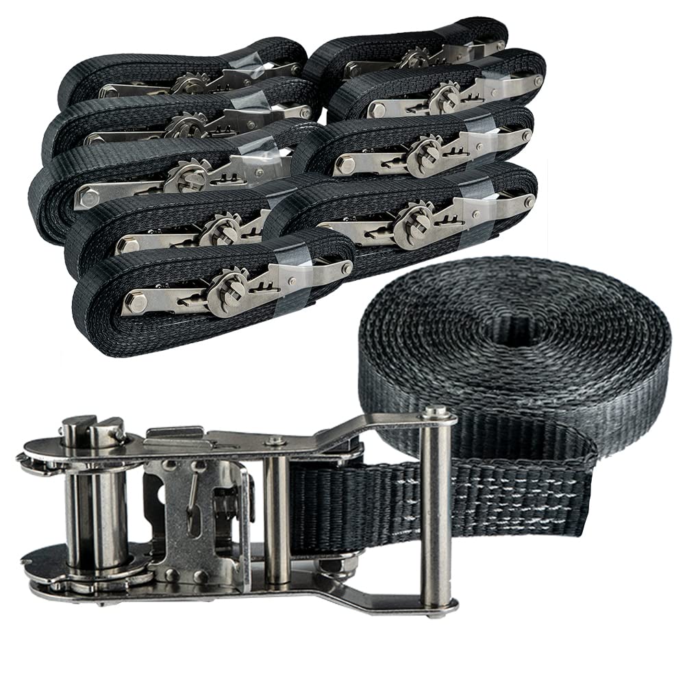 Pina DESIGN seit 1979 - Spanngurte Set 6m mit Ratsche aus V2A-Edelstahl, 1.500kg Zurrgurt in 6m Länge, einteilig schwarz, DIN EN 12195-2 - Ratschengurte zur Ladungssicherung (10 Zurrgurte) von Pina DESIGN seit 1979