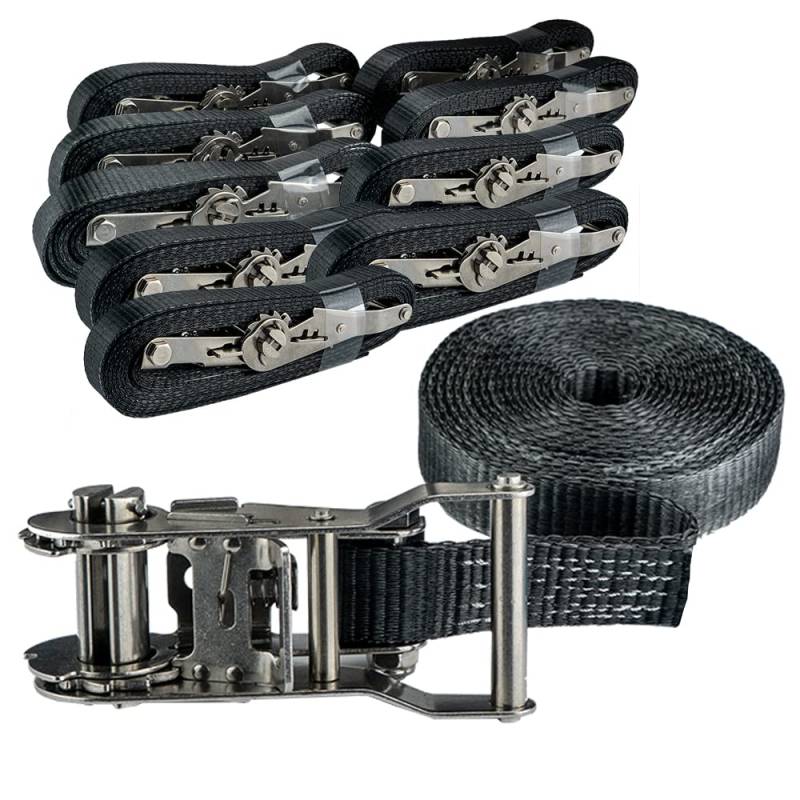 Pina DESIGN seit 1979 - Spanngurte Set 6m mit Ratsche aus V2A-Edelstahl, 1.500kg Zurrgurt in 6m Länge, einteilig schwarz, DIN EN 12195-2 - Ratschengurte zur Ladungssicherung (10 Zurrgurte) von Pina DESIGN seit 1979