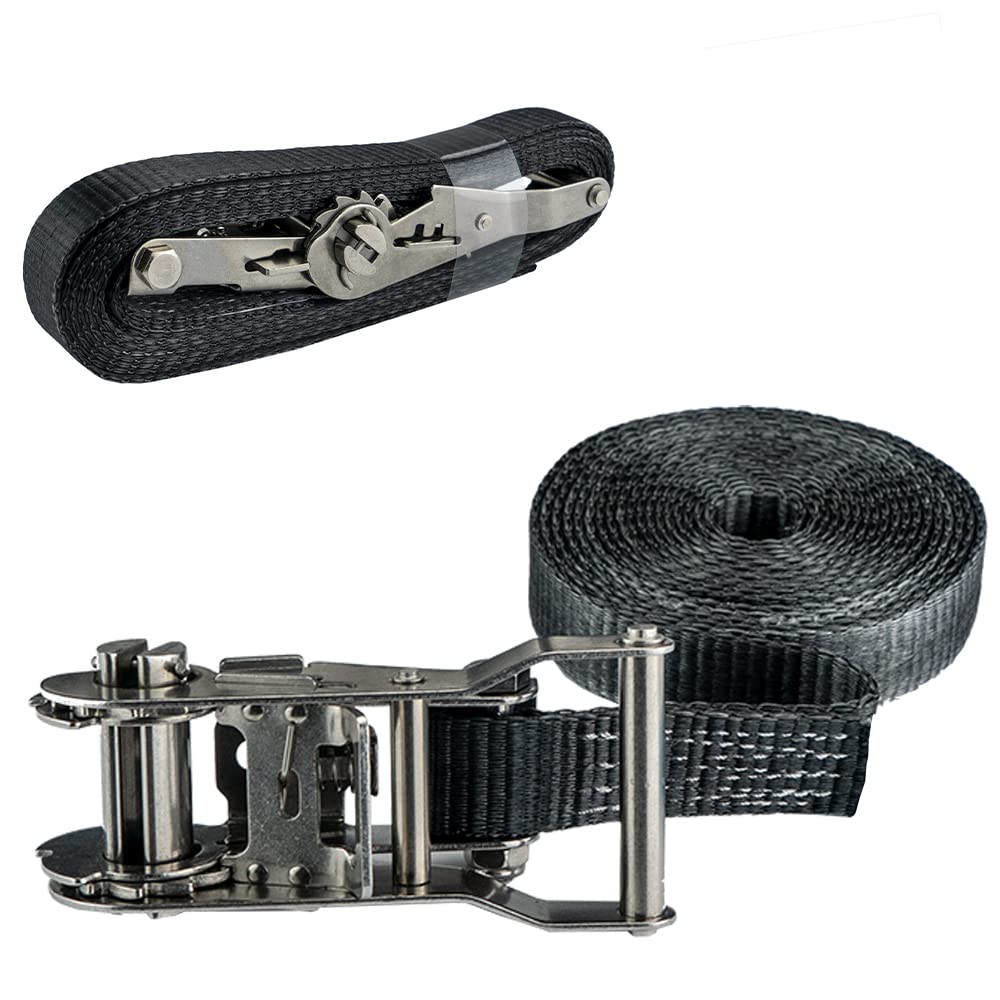 Pina DESIGN seit 1979 - Spanngurte Set 6m mit Ratsche aus V2A-Edelstahl, 1.500kg Zurrgurt in 6m Länge, einteilig schwarz, DIN EN 12195-2 - Ratschengurte zur Ladungssicherung (2 Zurrgurte) von Pina DESIGN seit 1979