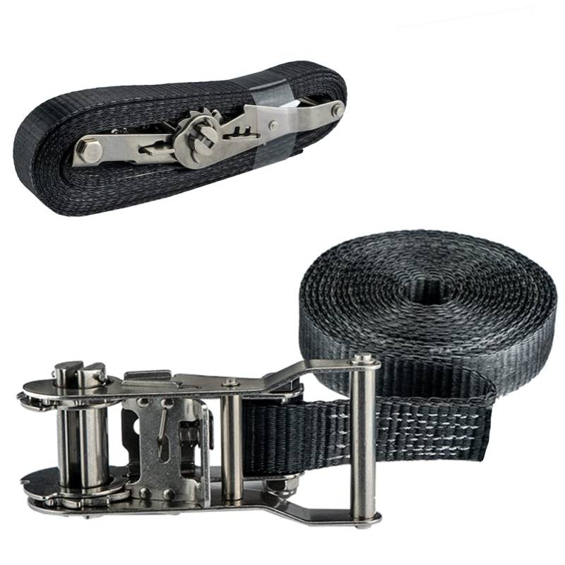 Pina DESIGN seit 1979 - Spanngurte Set 6m mit Ratsche aus V2A-Edelstahl, 1.500kg Zurrgurt in 6m Länge, einteilig schwarz, DIN EN 12195-2 - Ratschengurte zur Ladungssicherung (2 Zurrgurte) von Pina DESIGN seit 1979