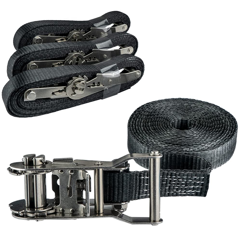 Pina DESIGN seit 1979 - Spanngurte Set 6m mit Ratsche aus V2A-Edelstahl, 1.500kg Zurrgurt in 6m Länge, einteilig schwarz, DIN EN 12195-2 - Ratschengurte zur Ladungssicherung (4 Zurrgurte) von Pina DESIGN seit 1979