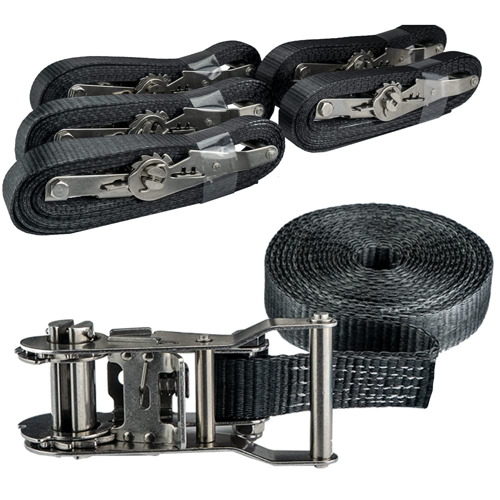 Pina DESIGN seit 1979 - Spanngurte Set 6m mit Ratsche aus V2A-Edelstahl, 1.500kg Zurrgurt in 6m Länge, einteilig schwarz, DIN EN 12195-2 - Ratschengurte zur Ladungssicherung (6 Zurrgurte) von Pina DESIGN seit 1979