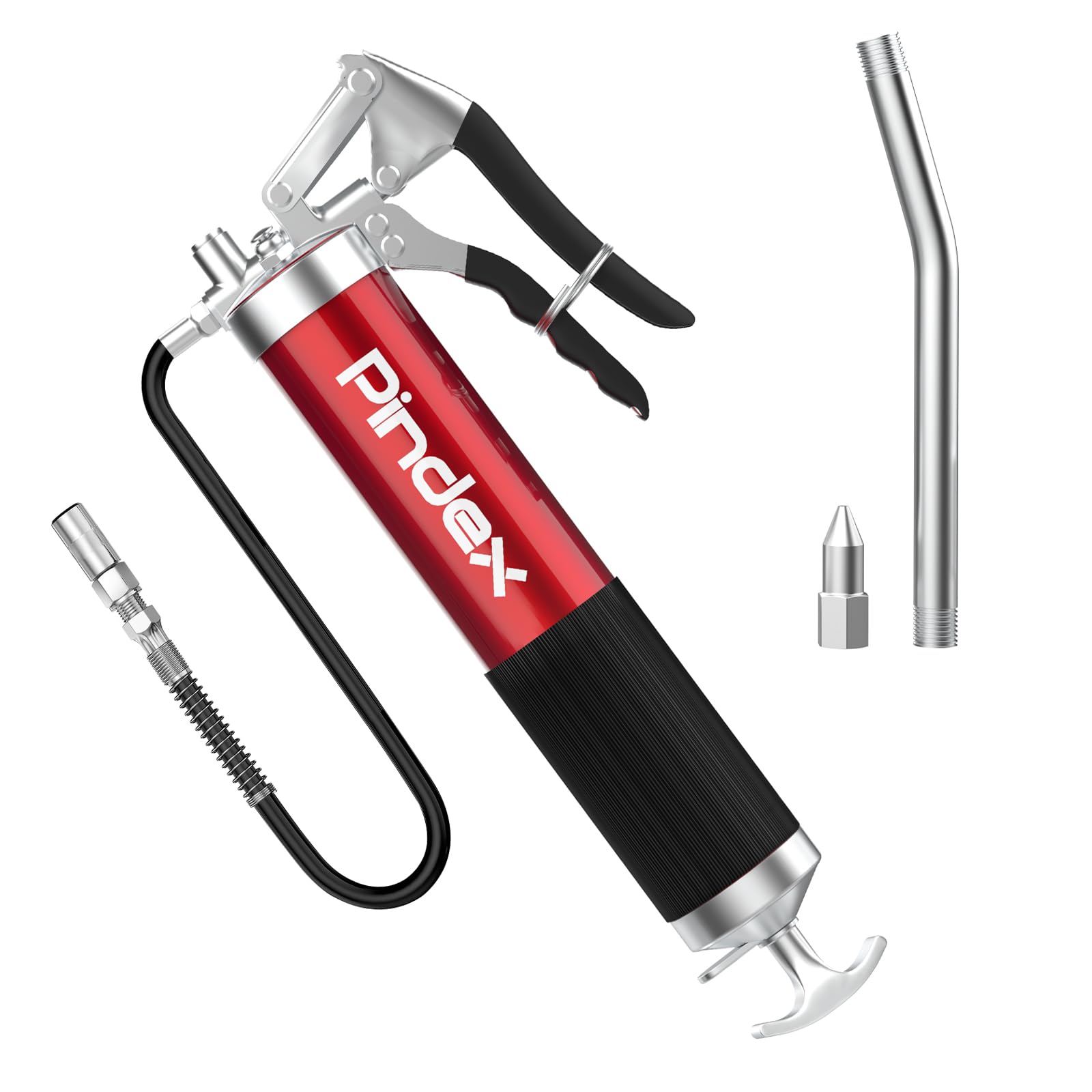 Pindex Einhand Fettpresse: Handhebelfettpresse 8000PSI mit Flexschlauch Spritzpistole für 400g Kartusche (lichtes Rot) von Pindex