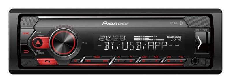 PIONEER 1-DIN-Empfänger mit Bluetooth, rot/weiße Beleuchtung, USB/3,5-mm-Buchse, Spotify, Pioneer Smart Sync App und kompatibel mit Apple- und Android-Geräten, Rot/Schwarz, MVH-S420BT von Pioneer