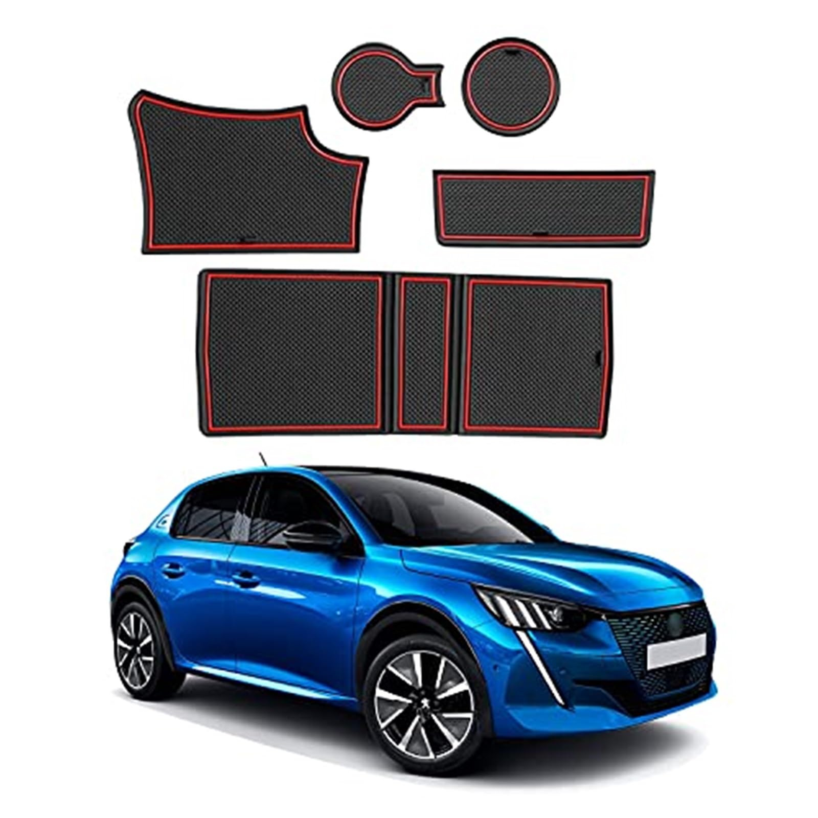 Pizgear For Peugeot, 208 e-208 Auto rutschfeste Gummimatten (für Rechtslenker), Autotürschlitzmatte, Getränkehaltermatte, Armlehne, Mittelkonsolen, Innendekoration, 6-tlg Anti-Rutsch-Matte für das Arm von Pizgear