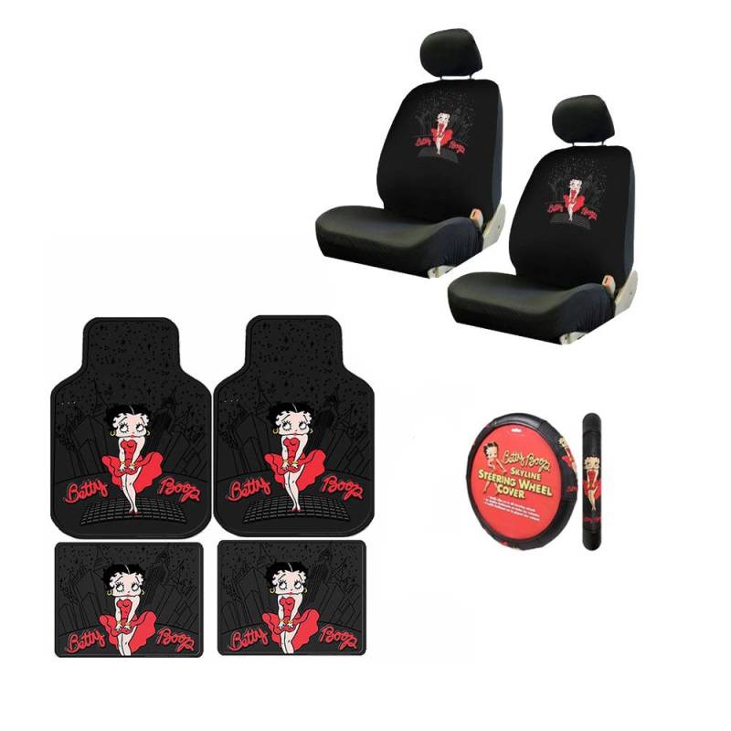 Plasticolor Ein 7-teiliges Betty Boop Geschenkset: 2 Sitzbezüge mit niedriger Rückenlehne, 2 Fußmatten vorne, 2 Fußmatten hinten und 1 Lenkradbezug. Betty Boop von Plasticolor