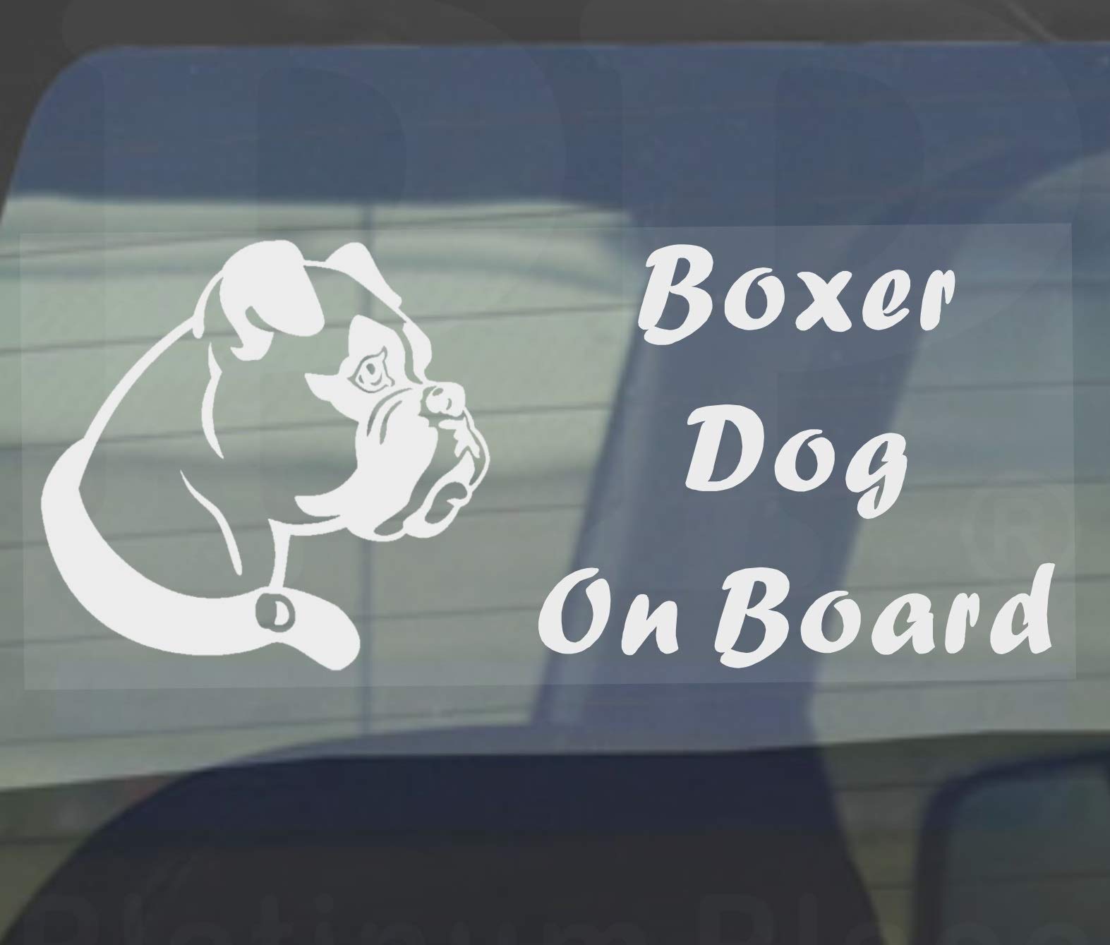 Platinum Place Fensteraufkleber Boxer Dog On Board-200 x 87 mm, Weiß auf durchsichtigem Fahrzeug, Auto, Lieferwagen, LKW, Haustier, Halsband, Leine, Rasse, Woof, Rinde von Platinum Place