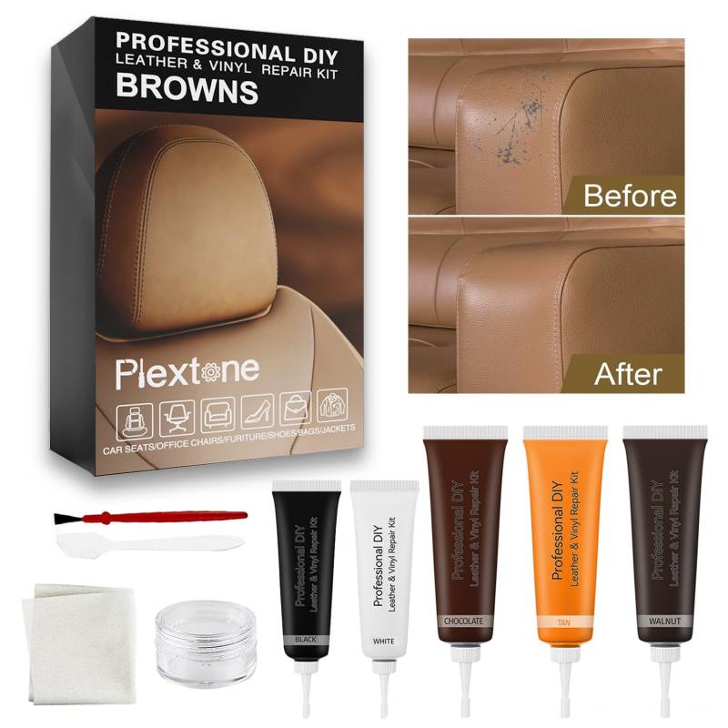 Plextone Reparatur-Set für Leder und Vinyl, zur Wiederherstellung von Möbeln, Autositzen, Sofa, Jacke, Geldbörse, Gürtel, Schuhen, echt, italienisch, gebunden, PU-Leder. (braun) von Plextone
