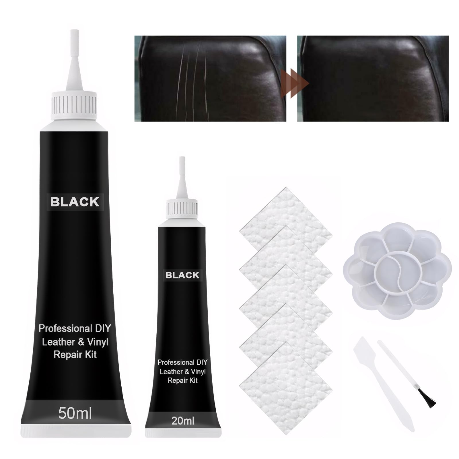 Pluvyze 2 Stück Leder Reparatur Set,50ml+20ml Flüssigleder Schwarz,Kunstleder Reparaturset,Lederreparatur Creme,Lederreparaturset Schwarz,Für Auto Lederlenkrad Sofa Gürtel Kunstleder Kratzer Risse von Pluvyze