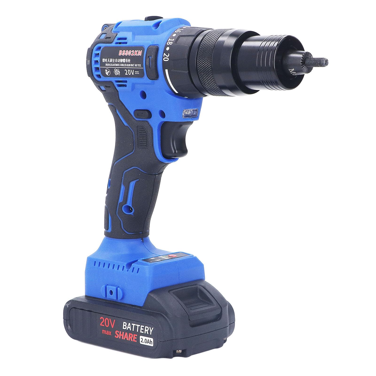 Plyisty Schnurlose Nietenpistole, Torsion Einstellbare Kabellose Nieten-Tool 100-240 VAC LED LED LEGEFIZIENZ ERGONOMISCHE Lithium Batterie mit M6 M8-Kopf Zum Nieten (EU-Stecker) von Plyisty