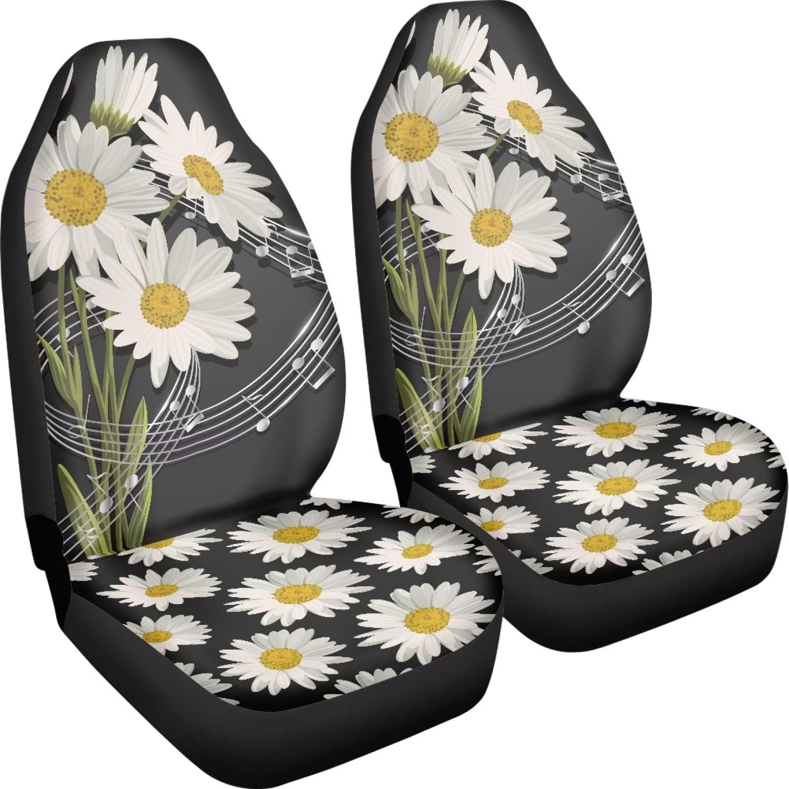 Poceacles Daisy Floral Set mit 2 Stück Autositzbezug Fahrzeugsitzschoner Autositzmatte nur Vordersitze Fahrersitzbezug Vordersitzschoner Pads, Schwarz von Poceacles