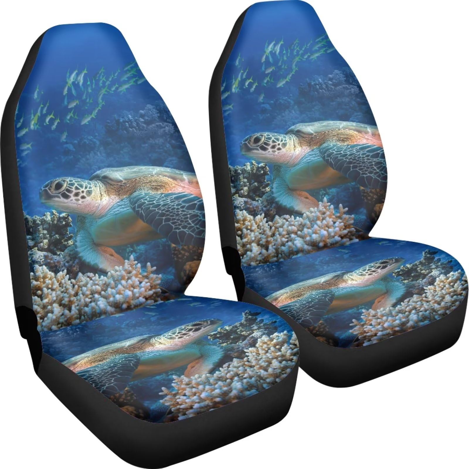 Poceacles Ocean Turtle Coral Print Autositzbezüge Vordersitzbezüge Set von 2 Hohe Rückenlehne Stretch Fahrzeug Schalensitzbezug für Auto LKW Van SUV, Blau von Poceacles