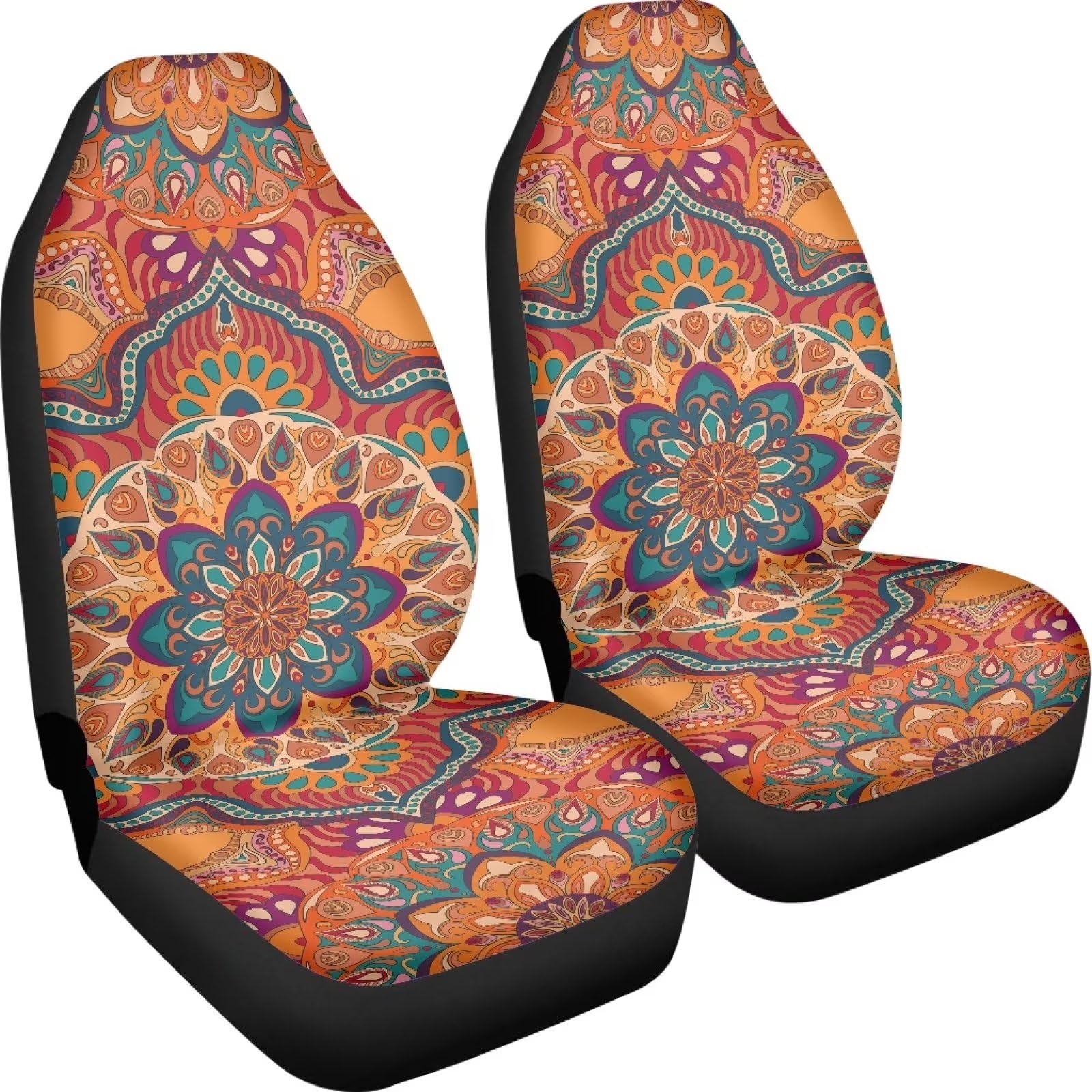 Poceacles Retro Mandala Blumen Muster Autositzbezug Hohe Rückenlehne Eimer Universal Fit Auto Sitzbezüge für Pkw LKW SUV Van Auto Sitzbezug Nur Vordersitz von Poceacles